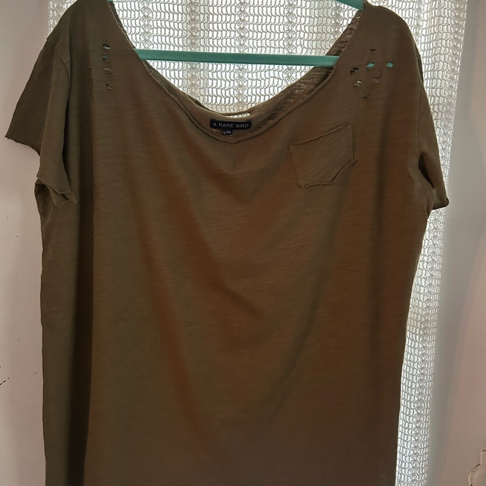 Rare Bird Olive Green Women's Short Sleeve Distressed Top